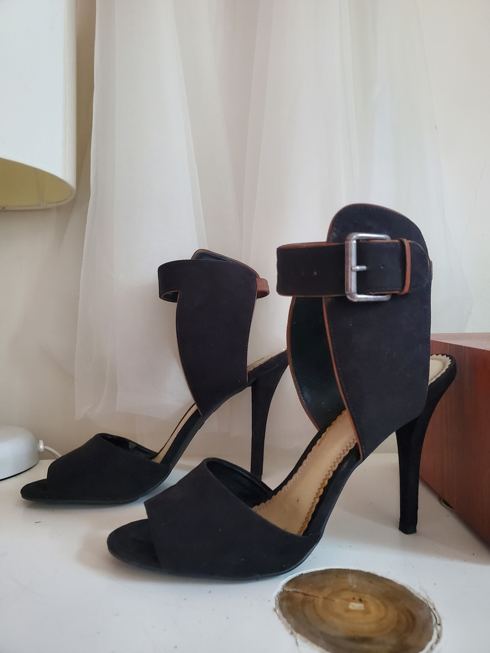 MIA Black Suede Open-Toe Stiletto Sandals with Ankle Buckle
